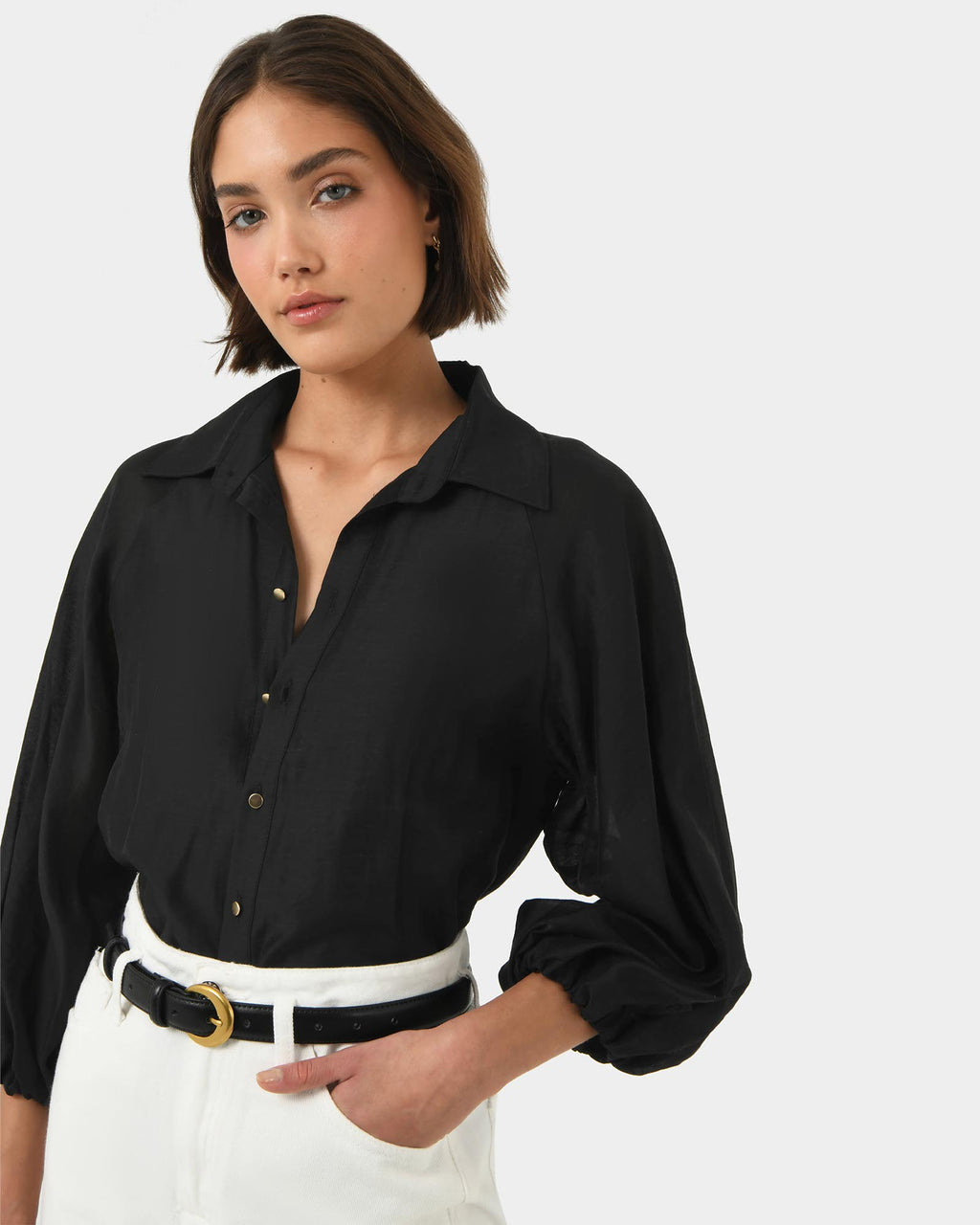 Giulia Gold Button Blouse in black — close-up view 2