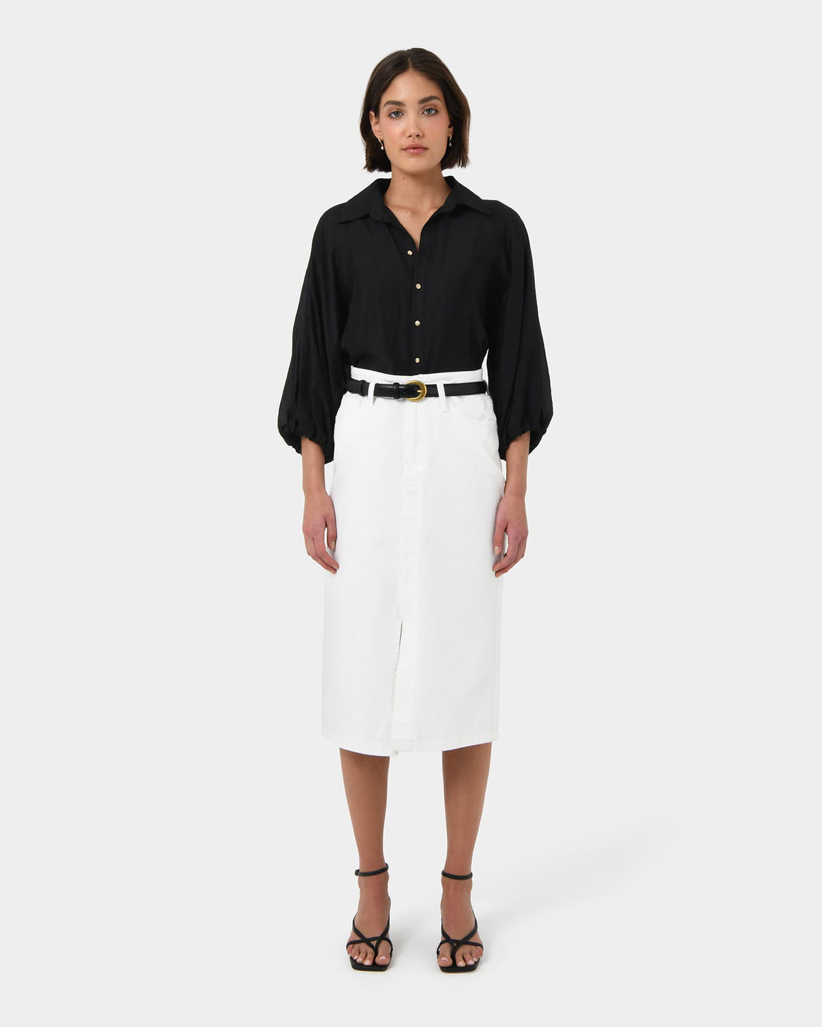 Giulia Gold Button Blouse in black — full-length view
