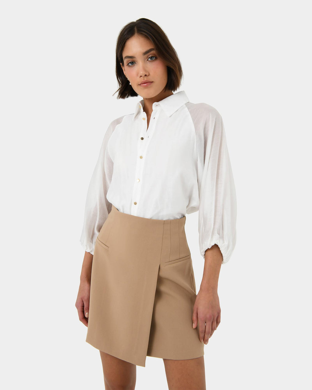 Giulia Gold Button Blouse in white — close-up view