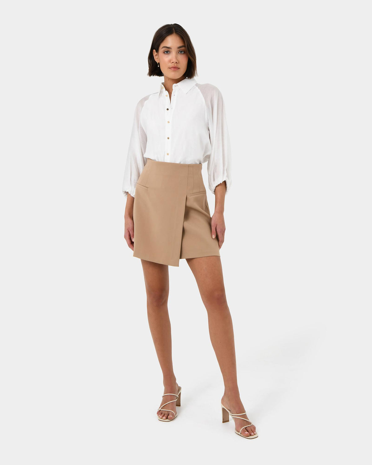 Giulia Gold Button Blouse in white — full-length view