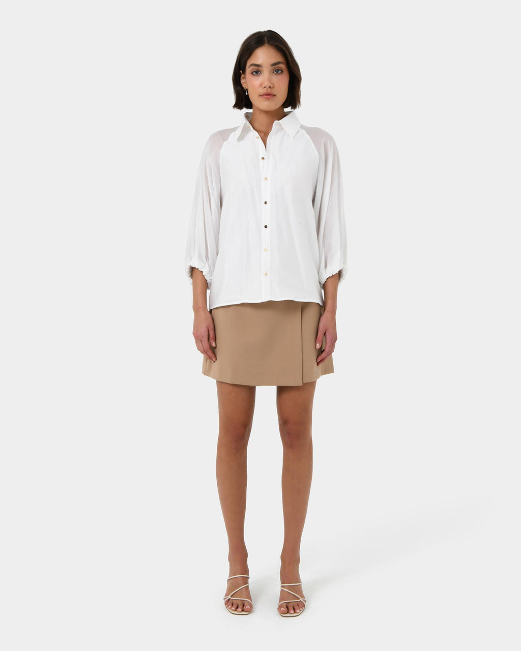 Giulia Gold Button Blouse in white — full-length view 2