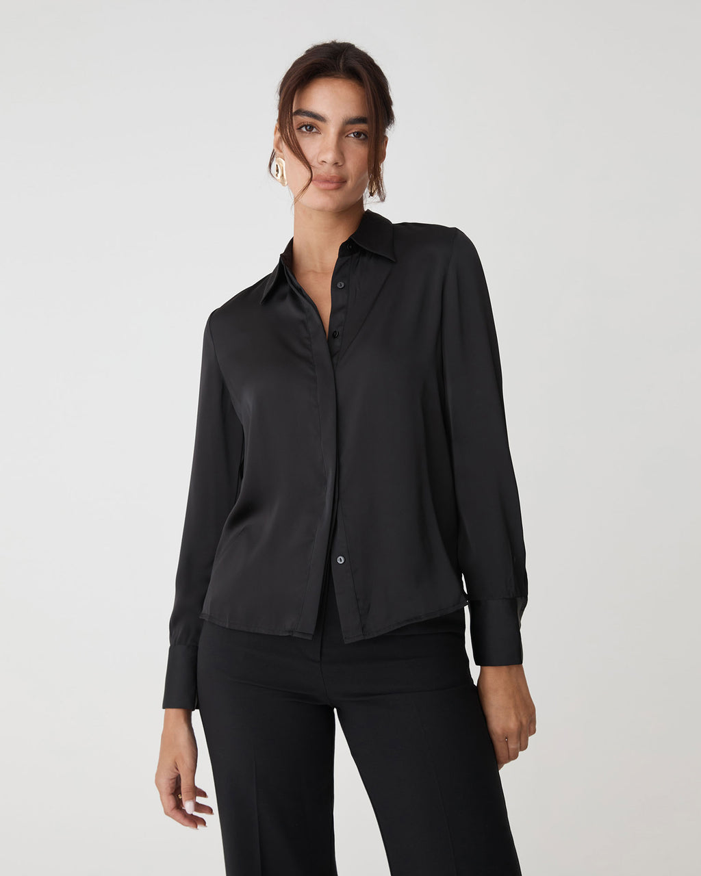 Mae Satin Shirt in black — close-up view