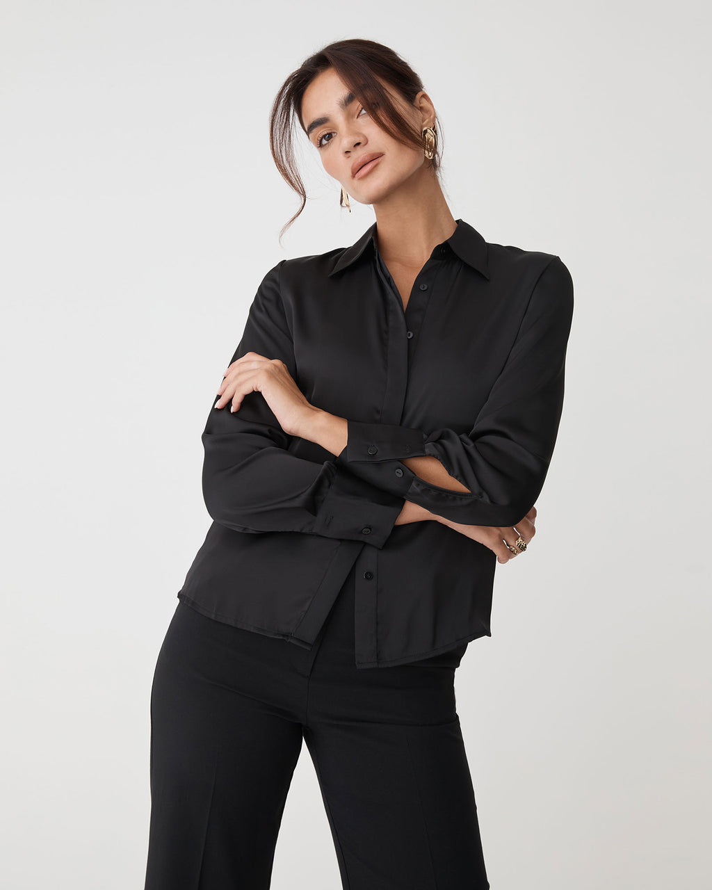Mae Satin Shirt in black — close-up view 2