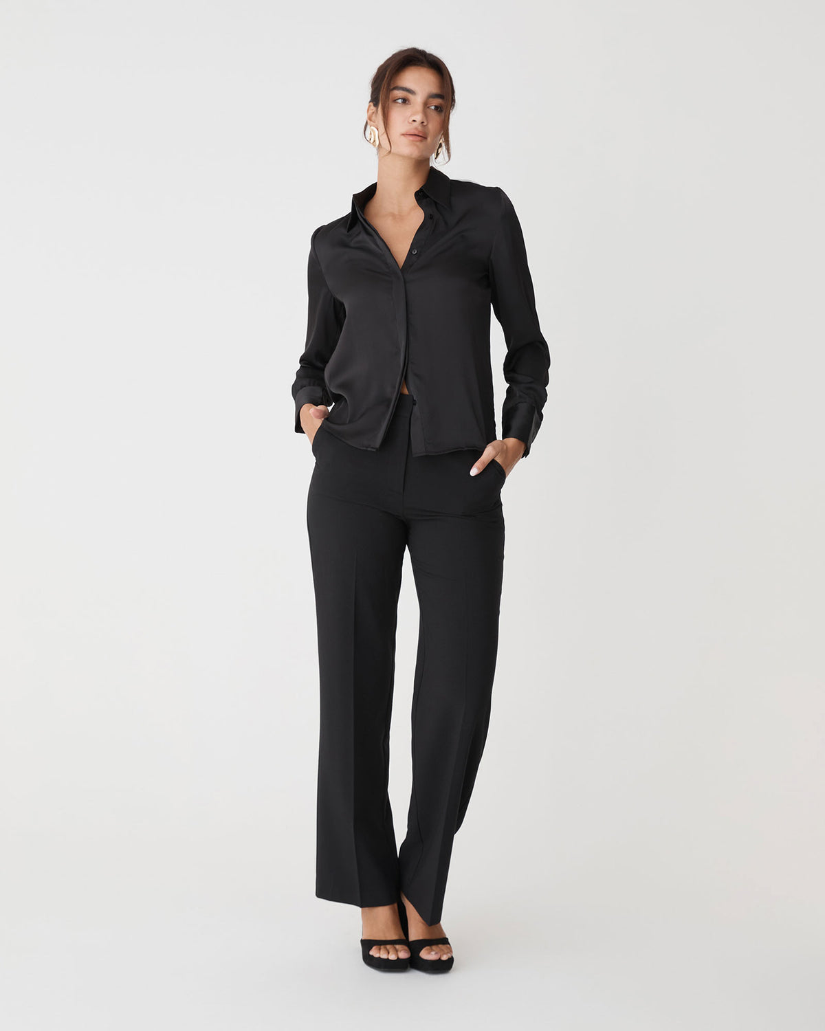 Mae Satin Shirt in black — full-length view