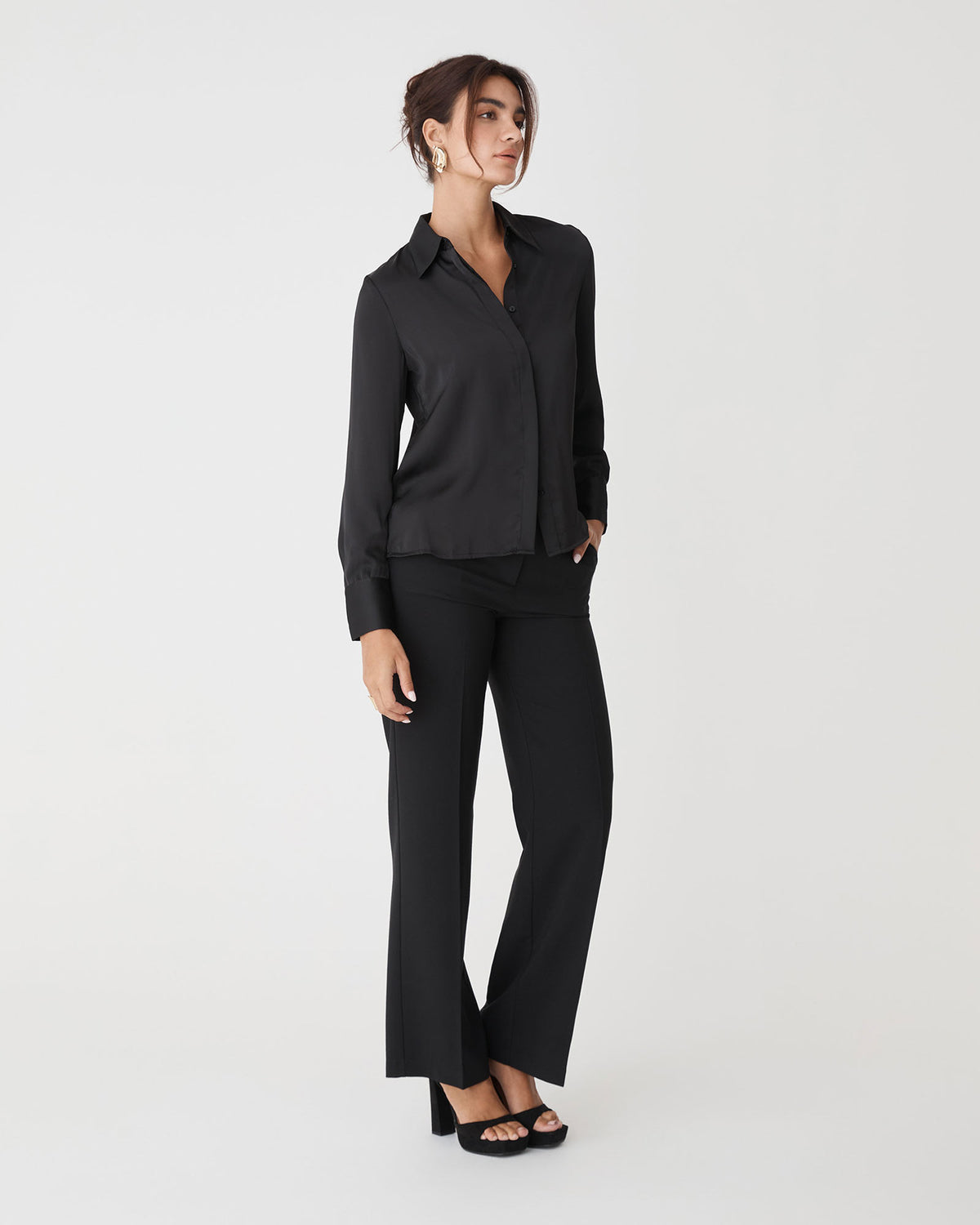 Mae Satin Shirt in black — full-length view 2