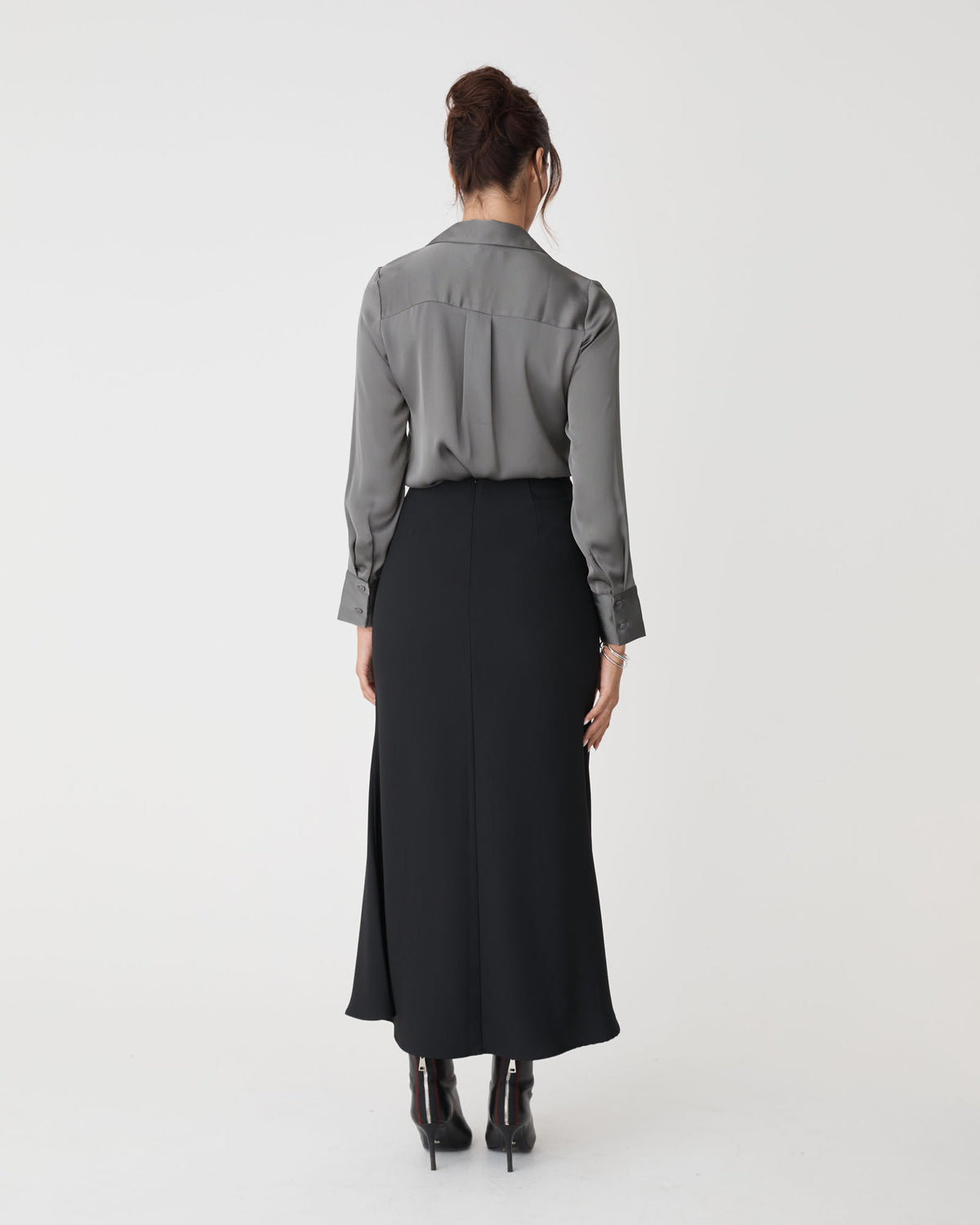 Mae Satin Shirt in charcoal — back view