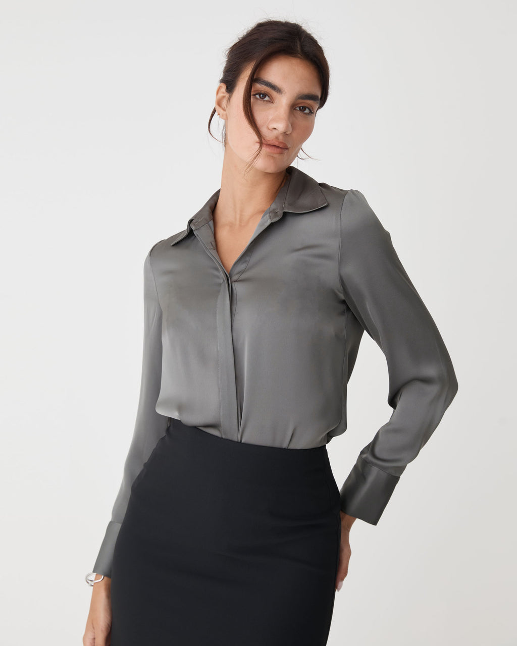 Mae Satin Shirt in charcoal — close-up view