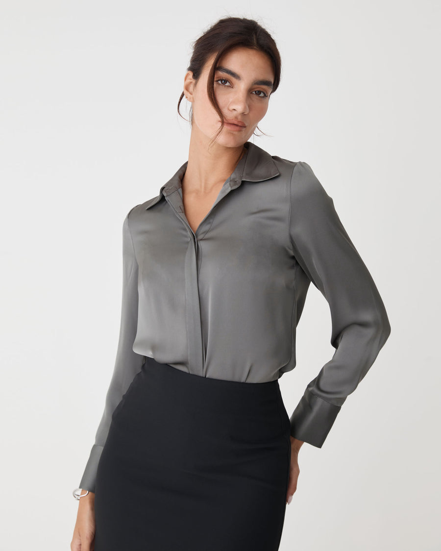 Mae Satin Shirt in charcoal — close-up view