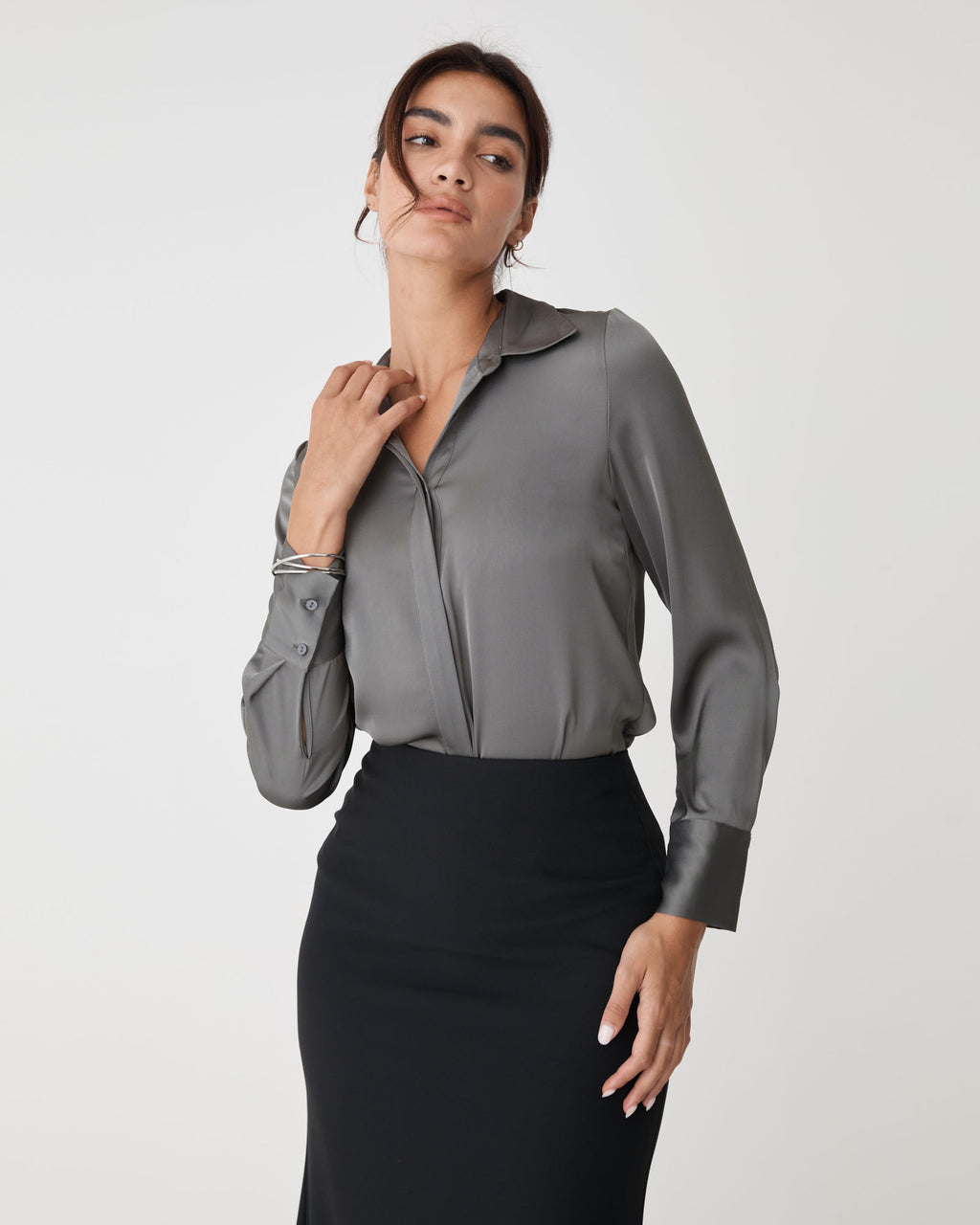 Mae Satin Shirt in charcoal — close-up view 2