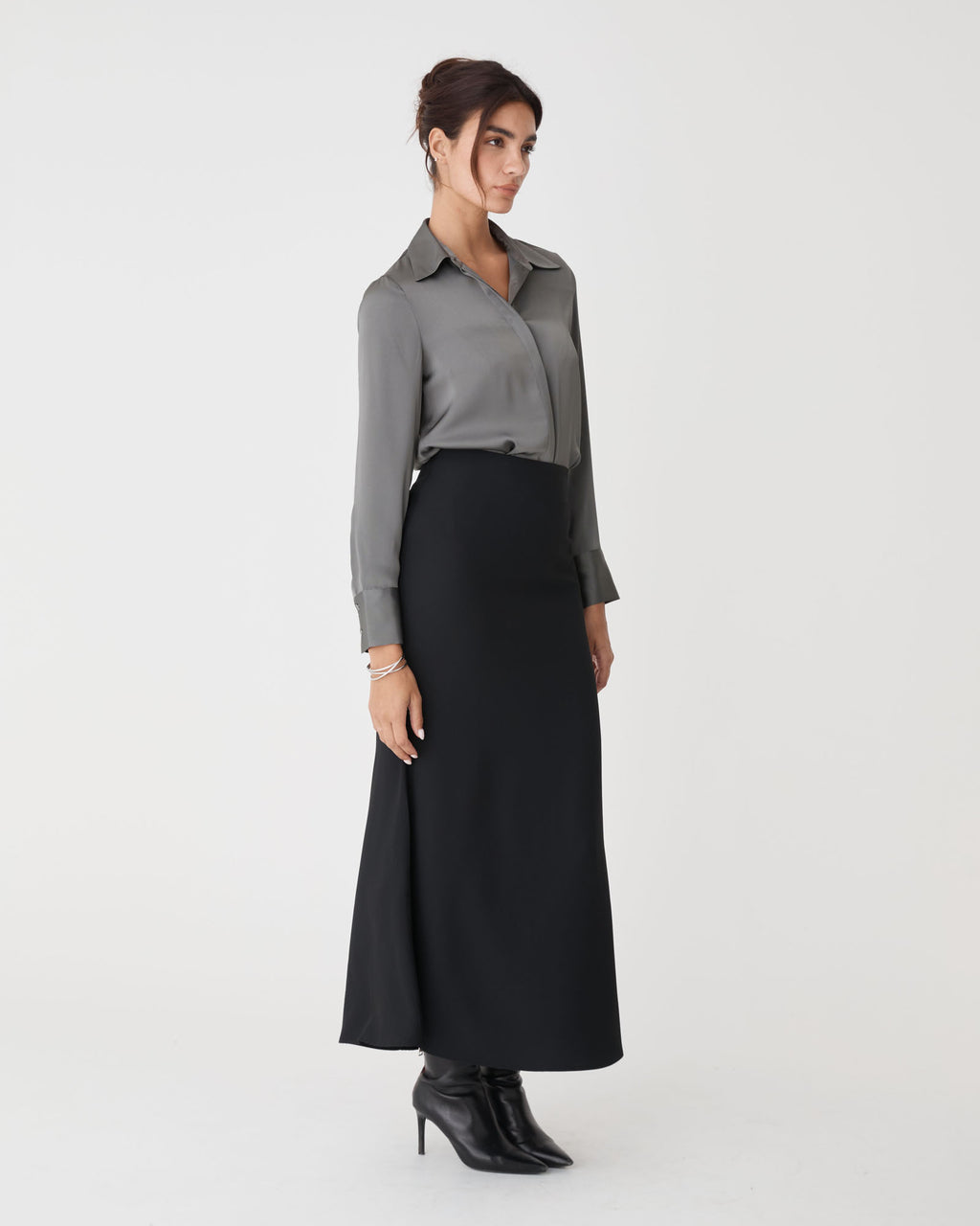 Mae Satin Shirt in charcoal — side view