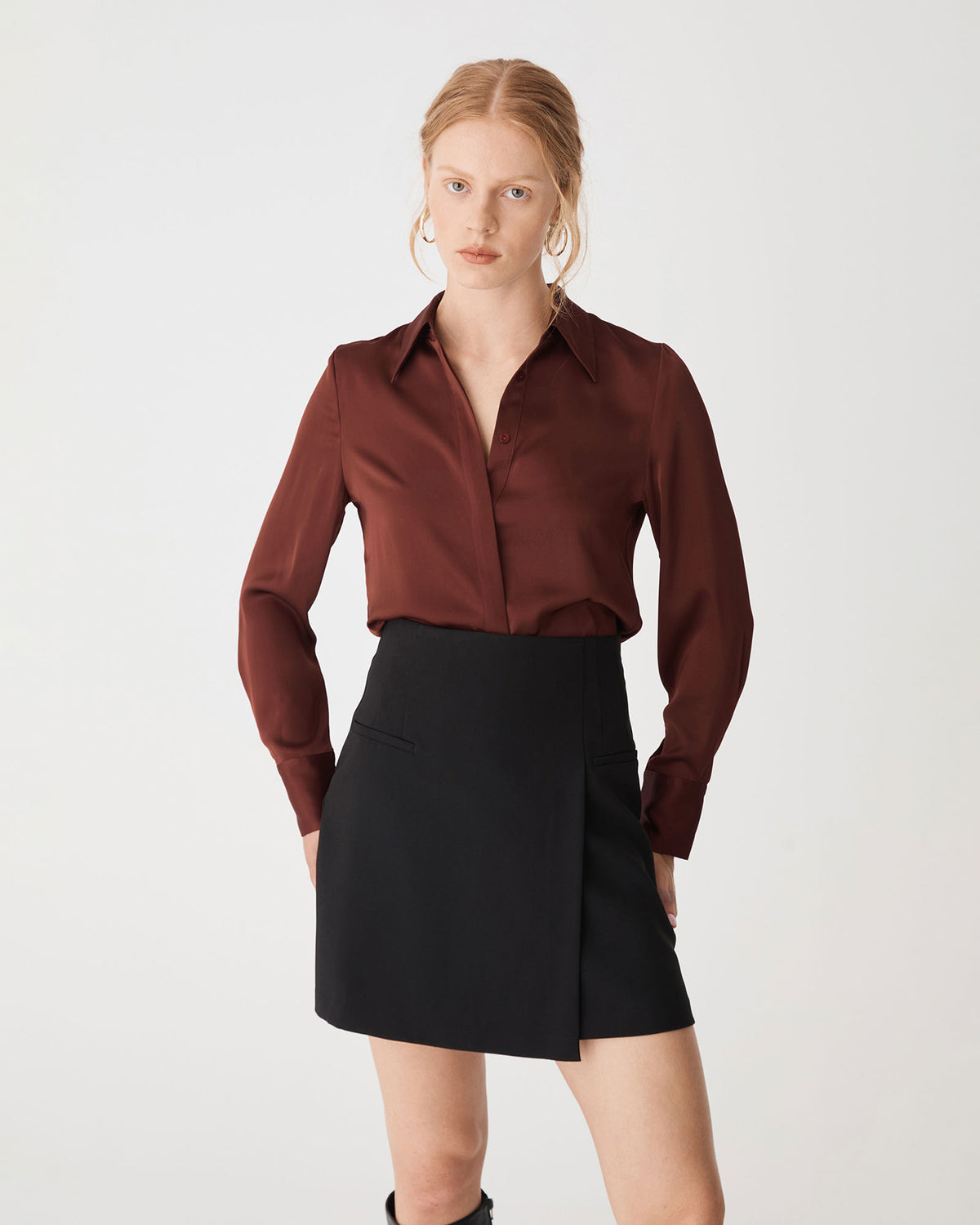 Mae Satin Shirt in chocolate — close-up view