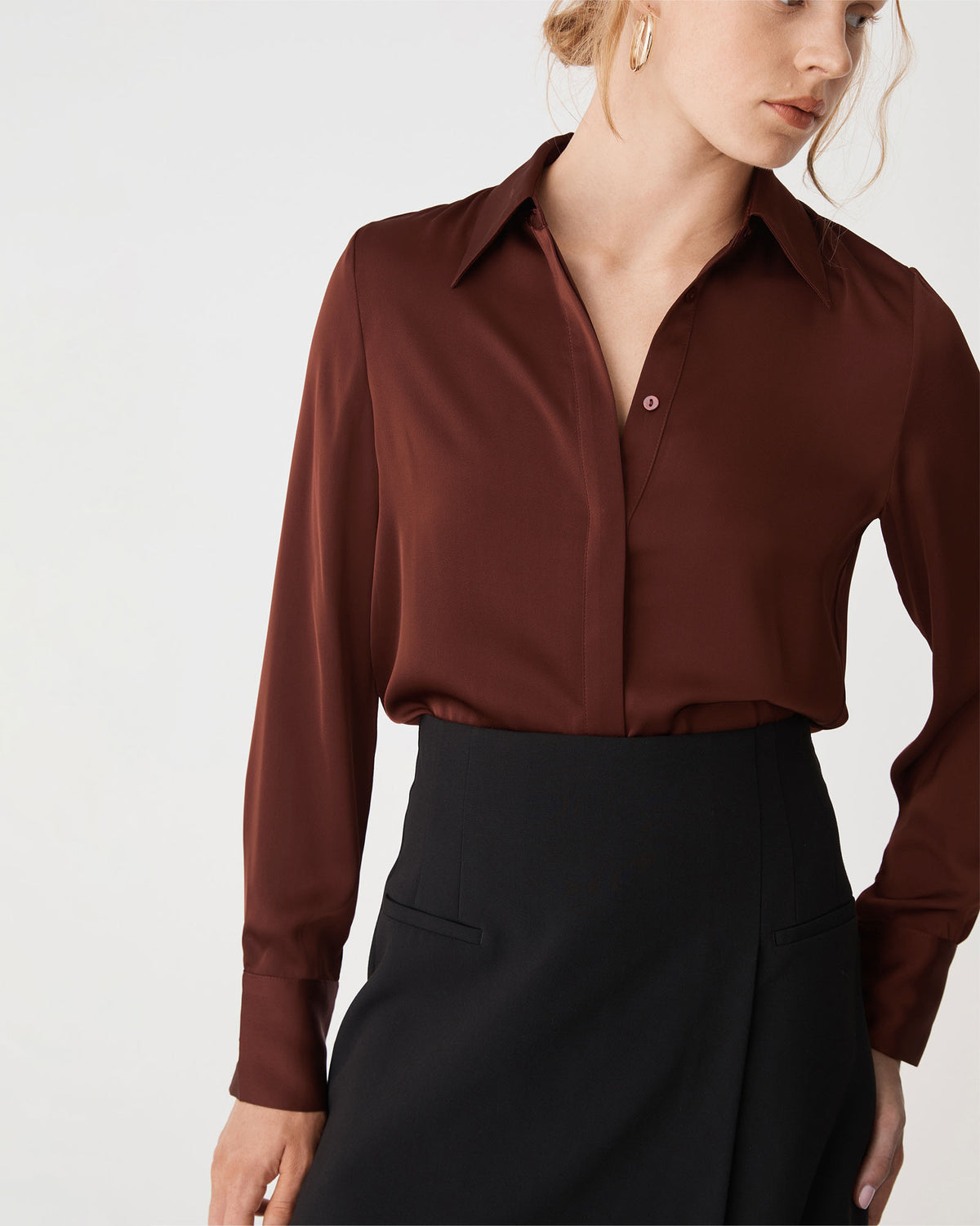 Mae Satin Shirt in chocolate — close-up view 2