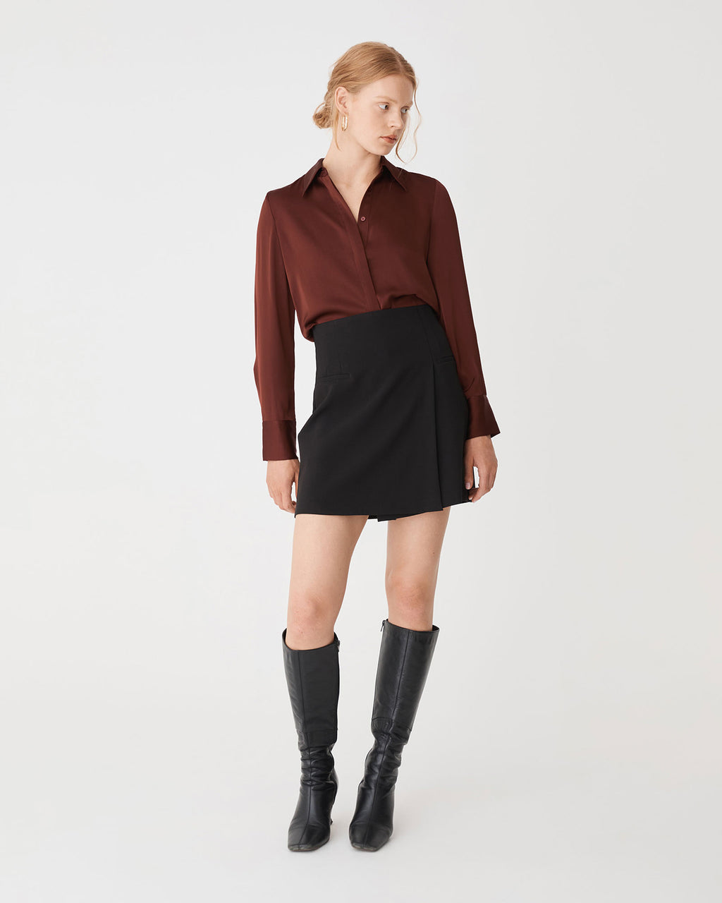 Mae Satin Shirt in chocolate — full-length view