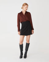 Mae Satin Shirt in chocolate — full-length view