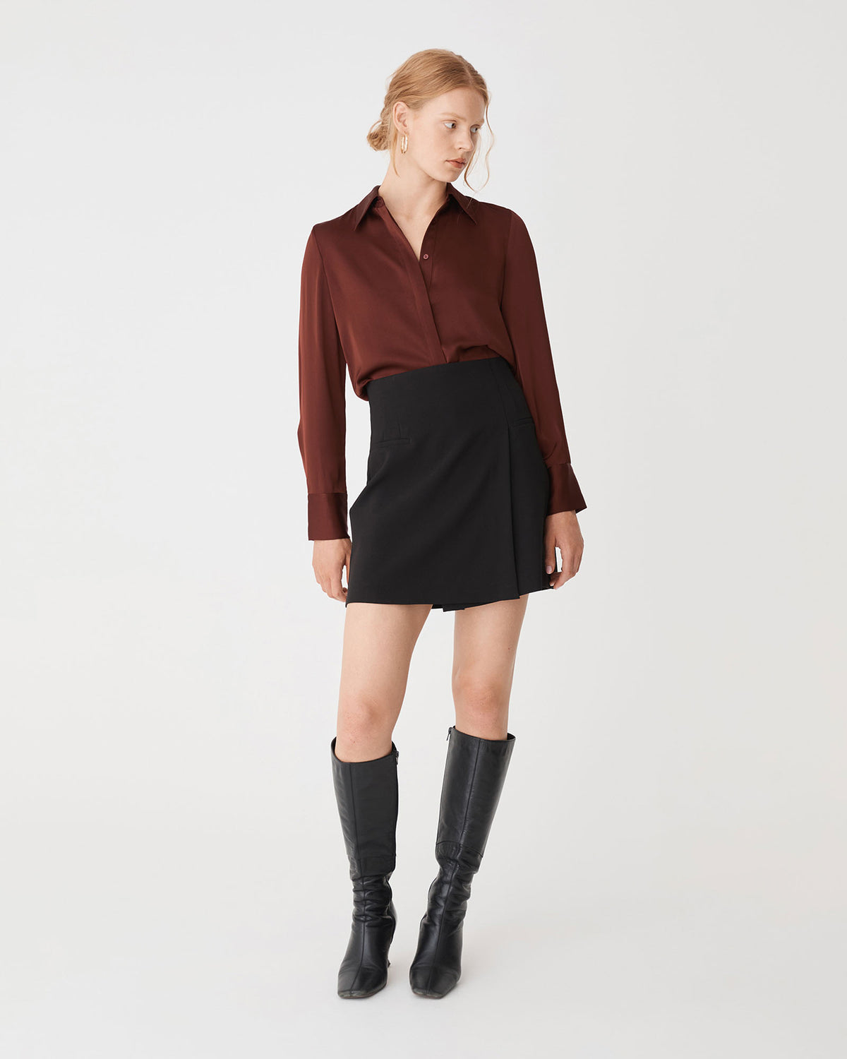 Mae Satin Shirt in chocolate — full-length view