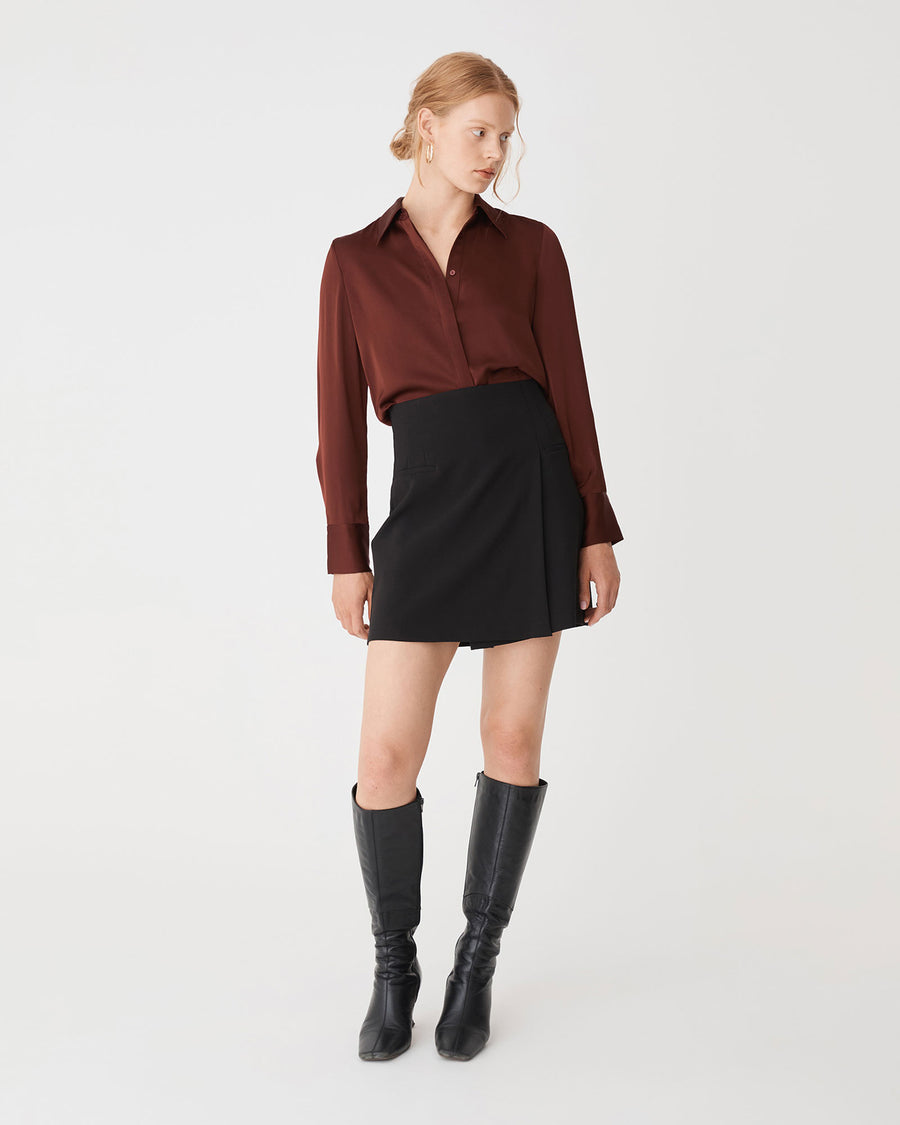Mae Satin Shirt in chocolate — full-length view