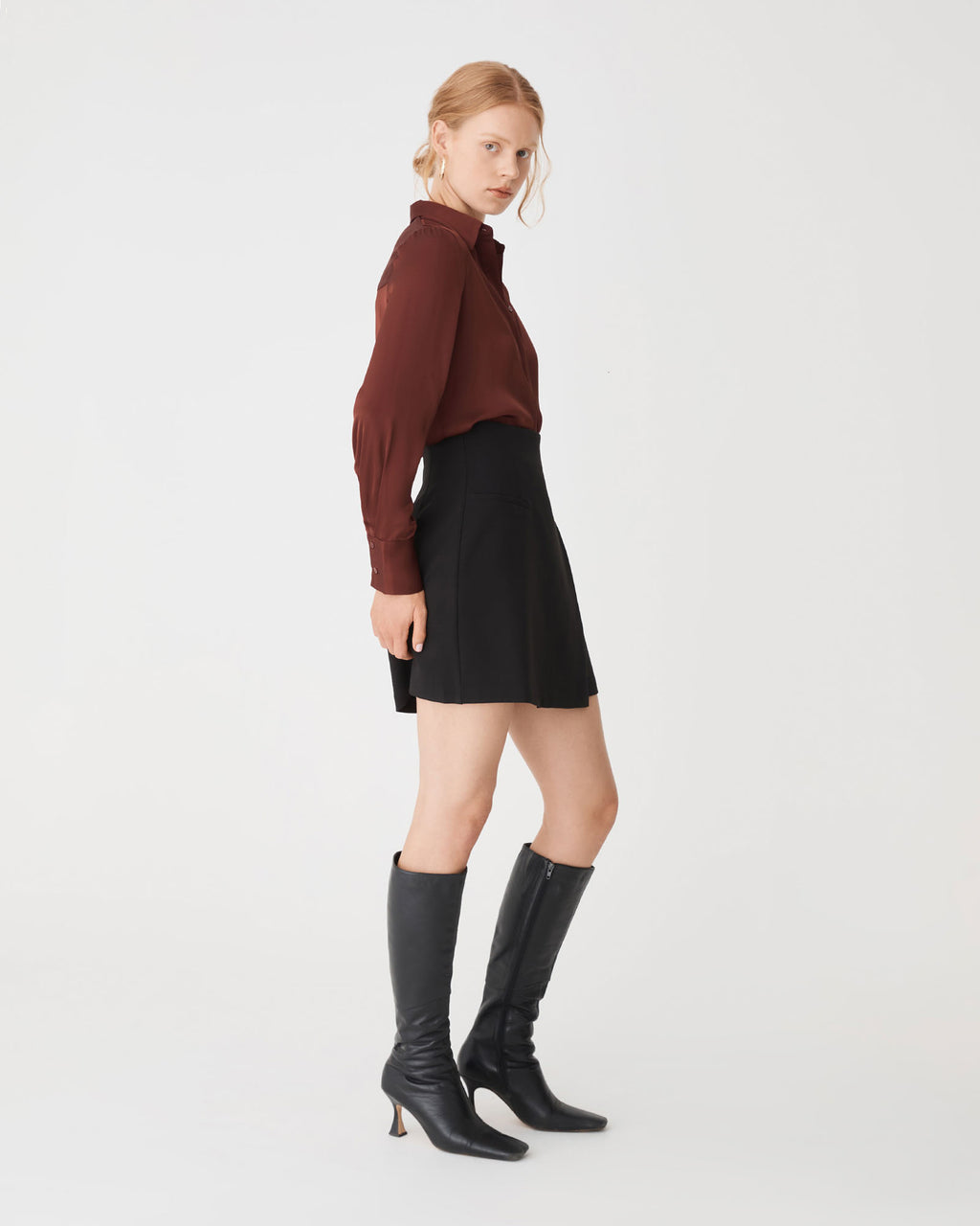 Mae Satin Shirt in chocolate — side view