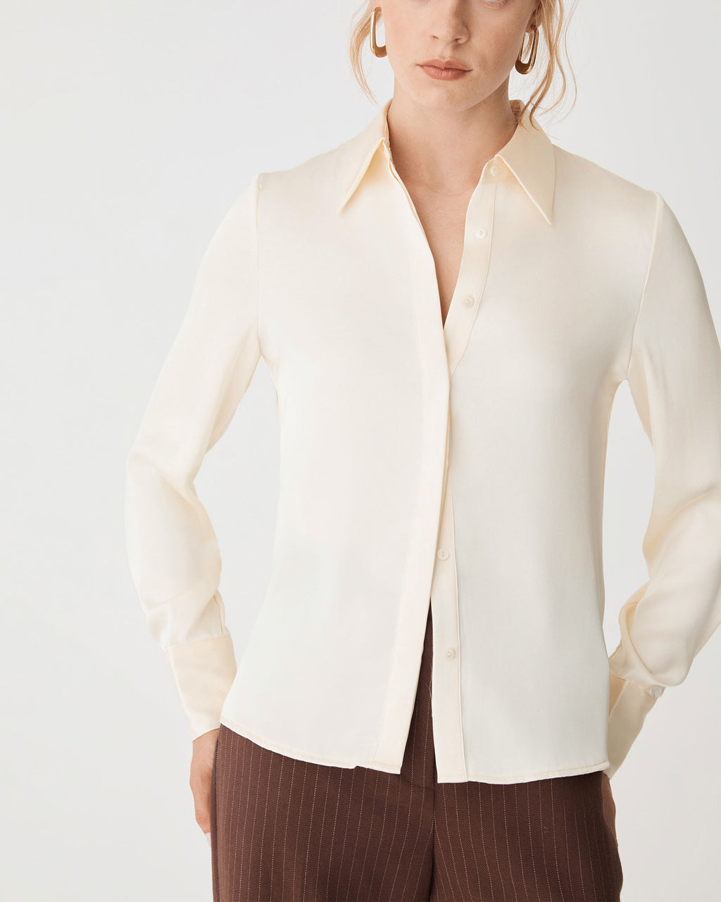 Mae Satin Shirt in champagne — close-up view 2