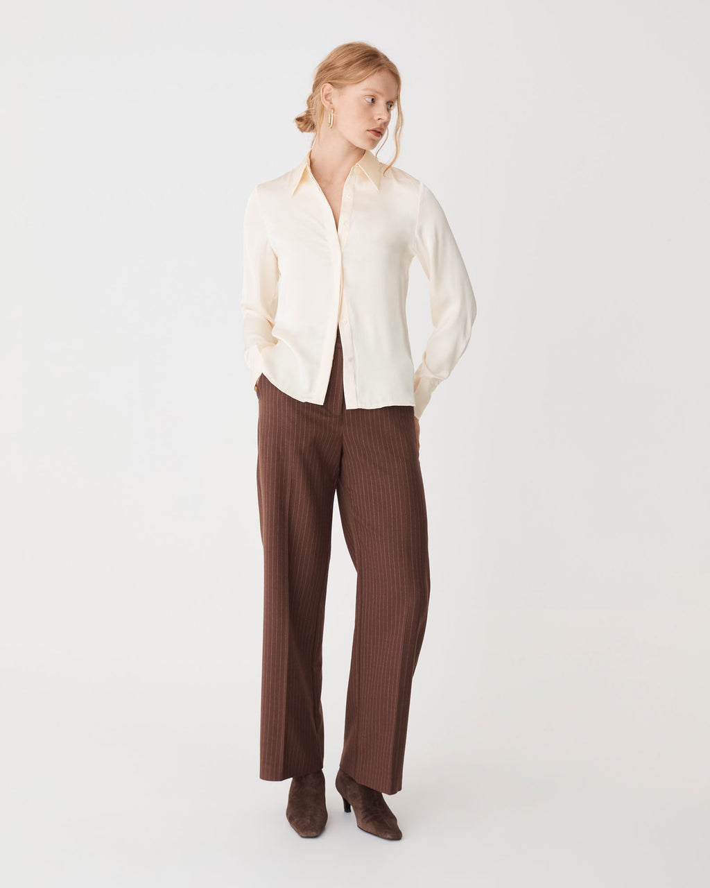 Mae Satin Shirt in champagne — full-length view