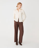 Mae Satin Shirt in champagne — full-length view