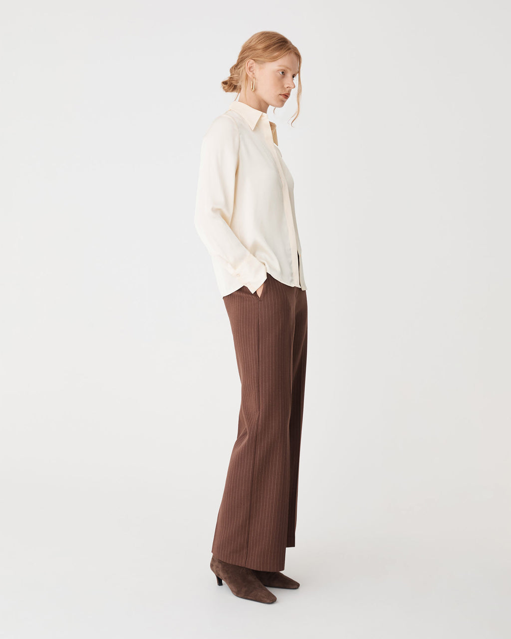 Mae Satin Shirt in champagne — side view