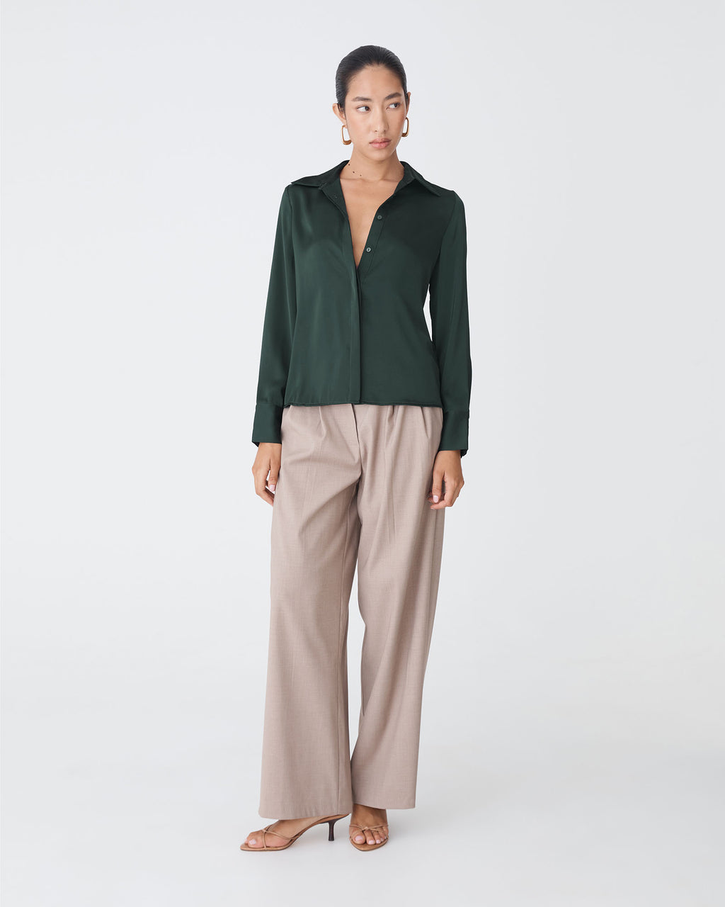 Mae Satin Shirt in evergreen — full-length view