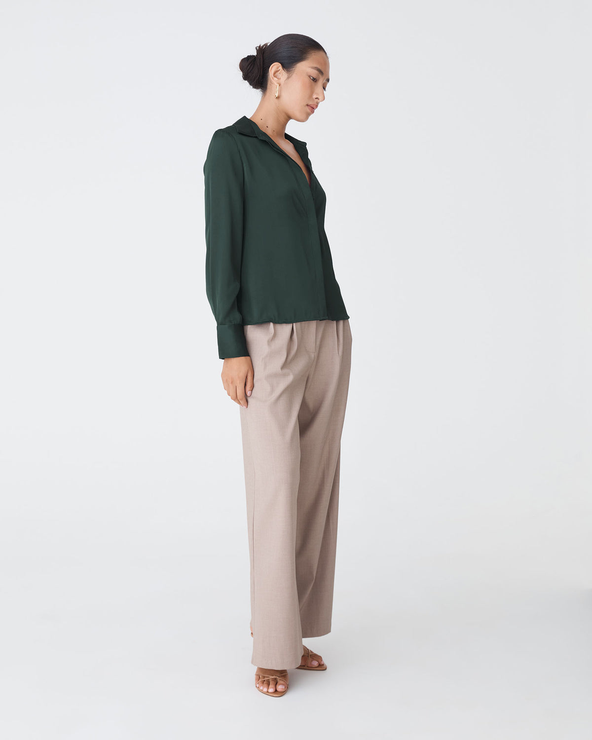 Mae Satin Shirt in evergreen — side view