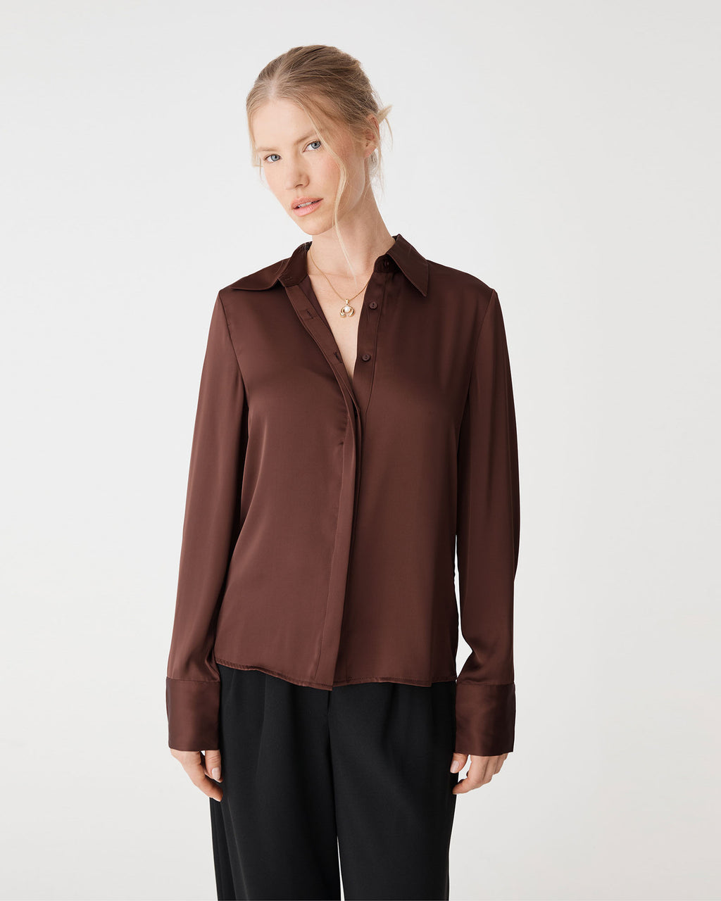 Mae Satin Shirt in fudge — close-up view