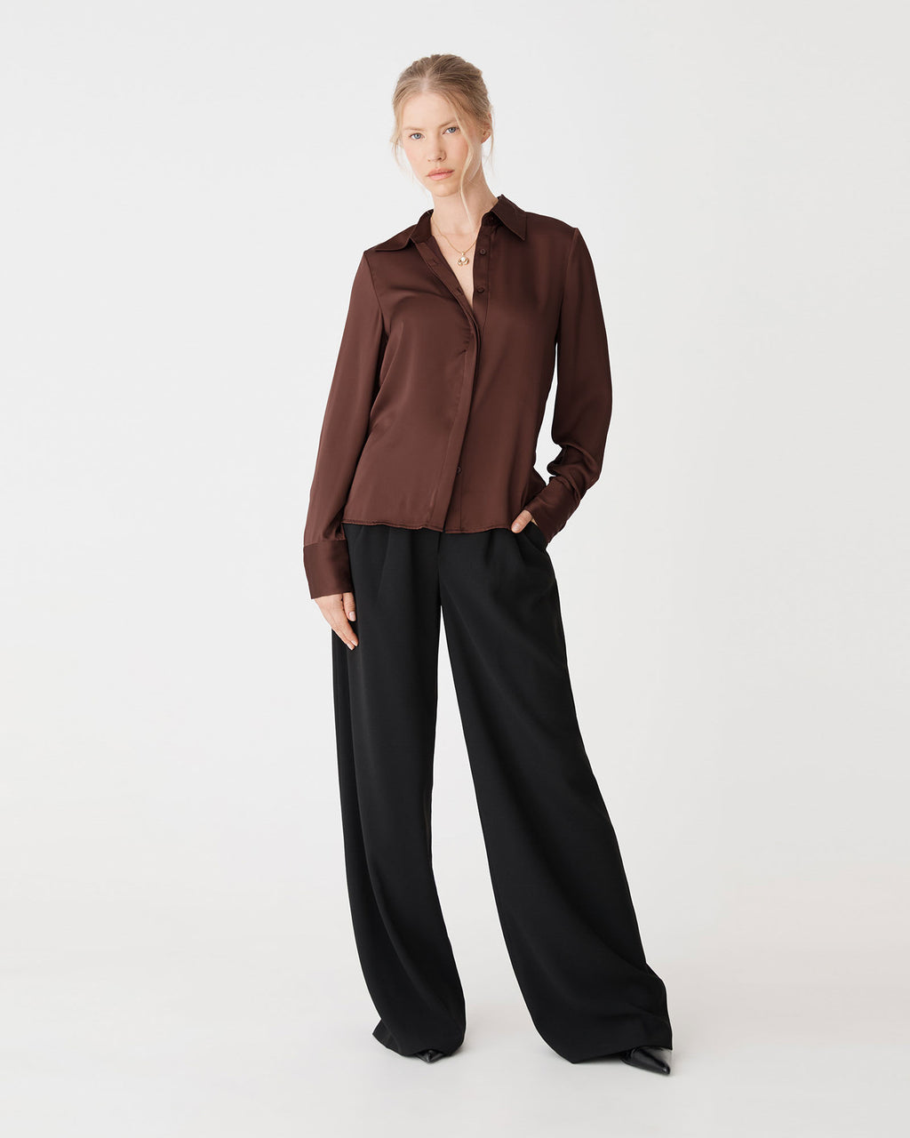 Mae Satin Shirt in fudge — full-length view