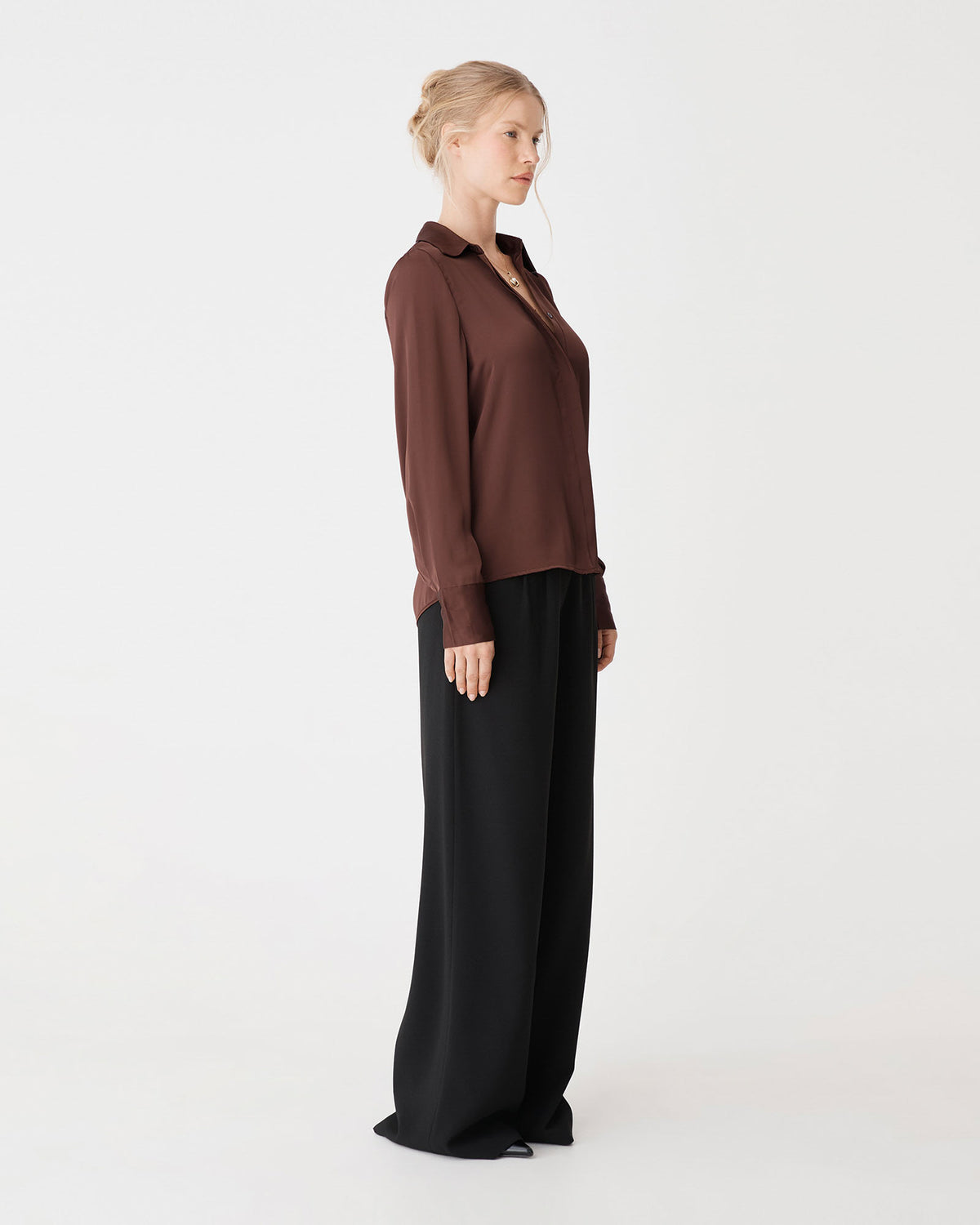 Mae Satin Shirt in fudge — side view