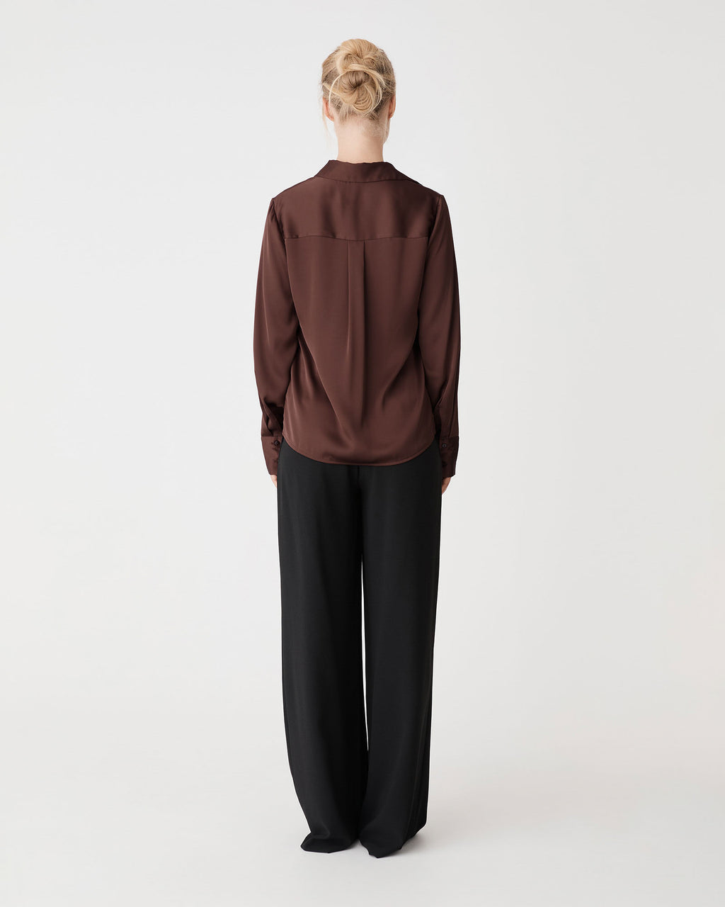 Mae Satin Shirt in fudge — back view