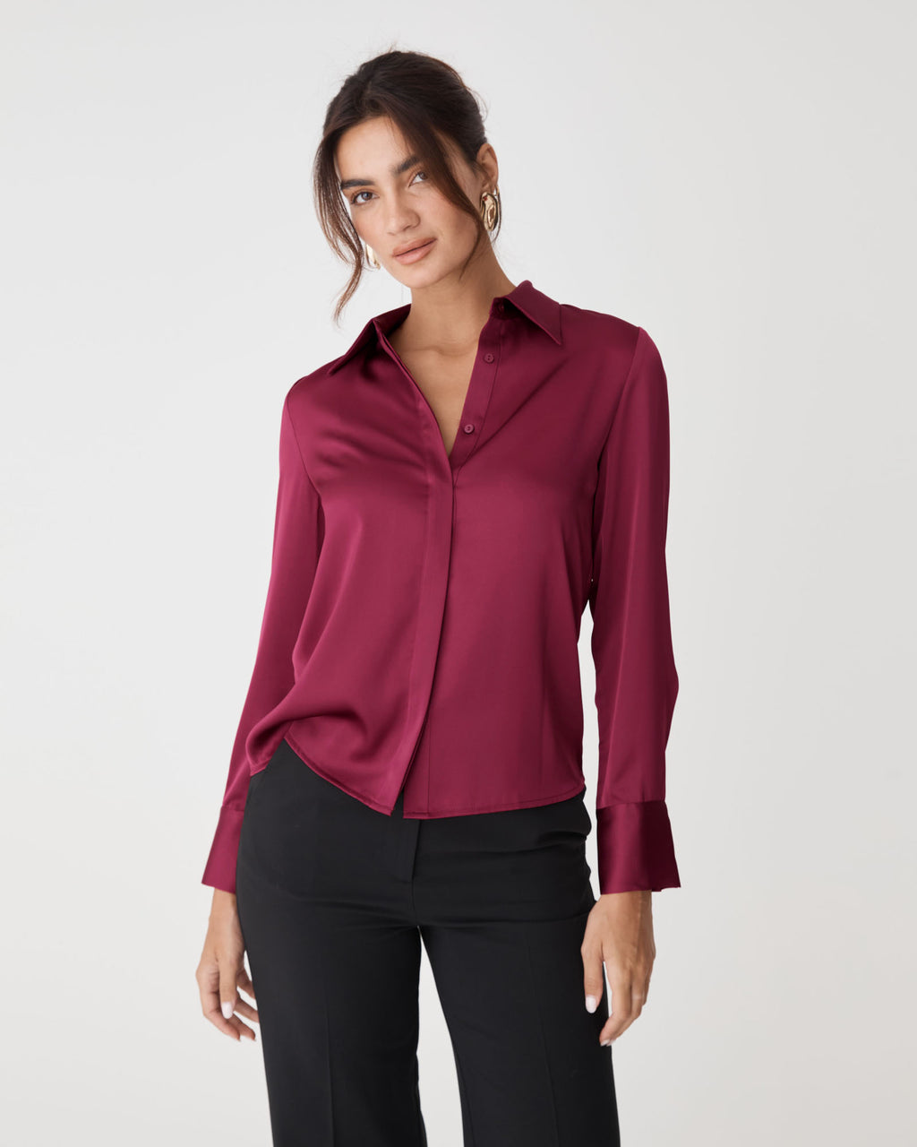 Mae Satin Shirt in grenache — close-up view