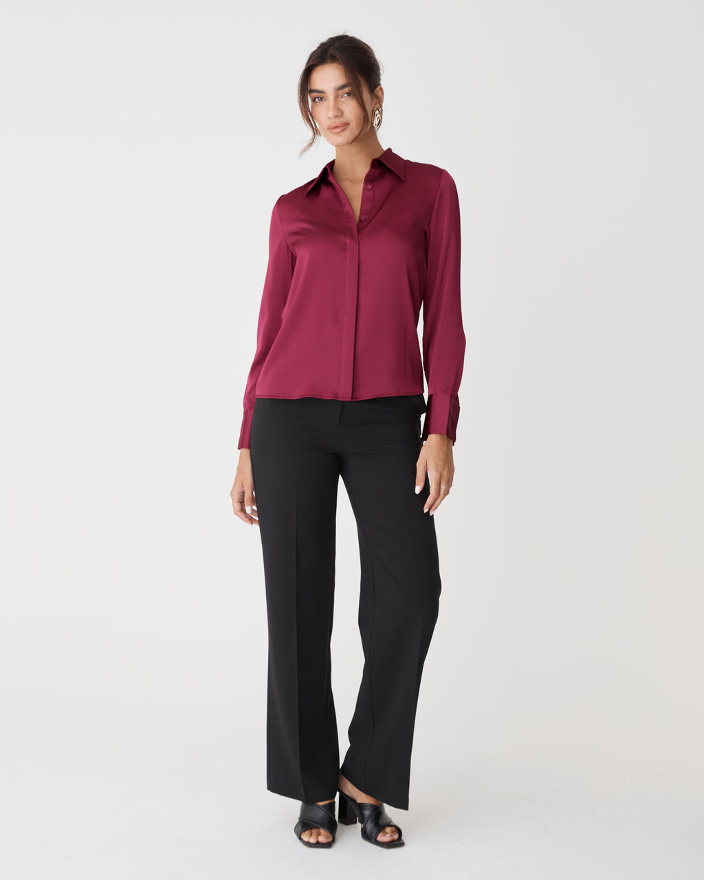 Mae Satin Shirt in grenache — full-length view