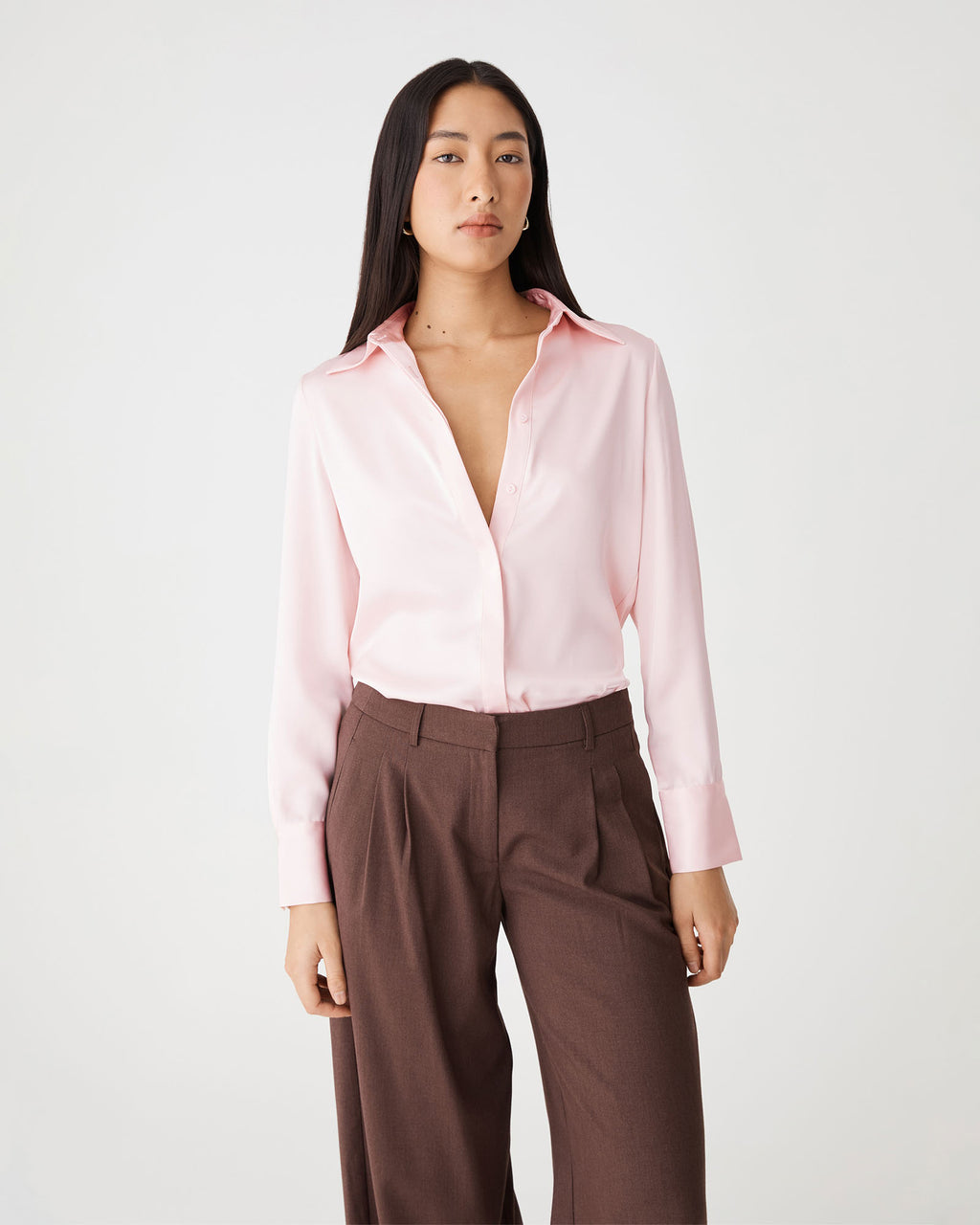 Mae Satin Shirt in pink — close-up view