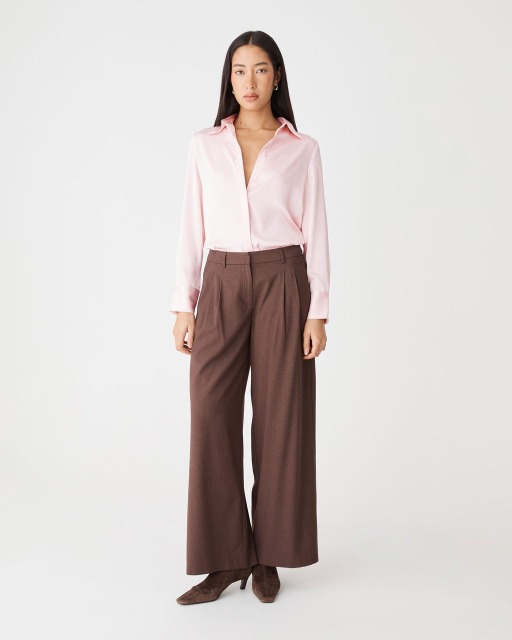 Mae Satin Shirt in pink — full-length view