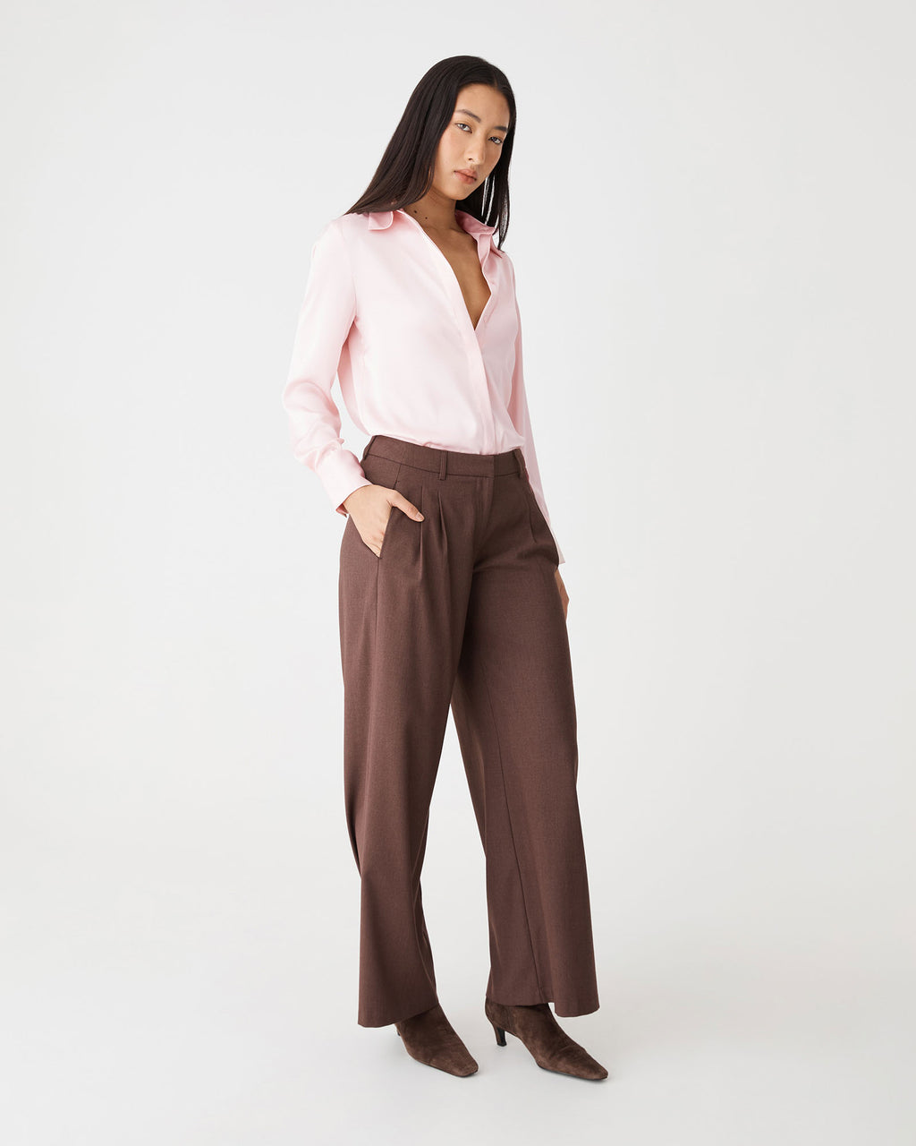 Mae Satin Shirt in pink — side view