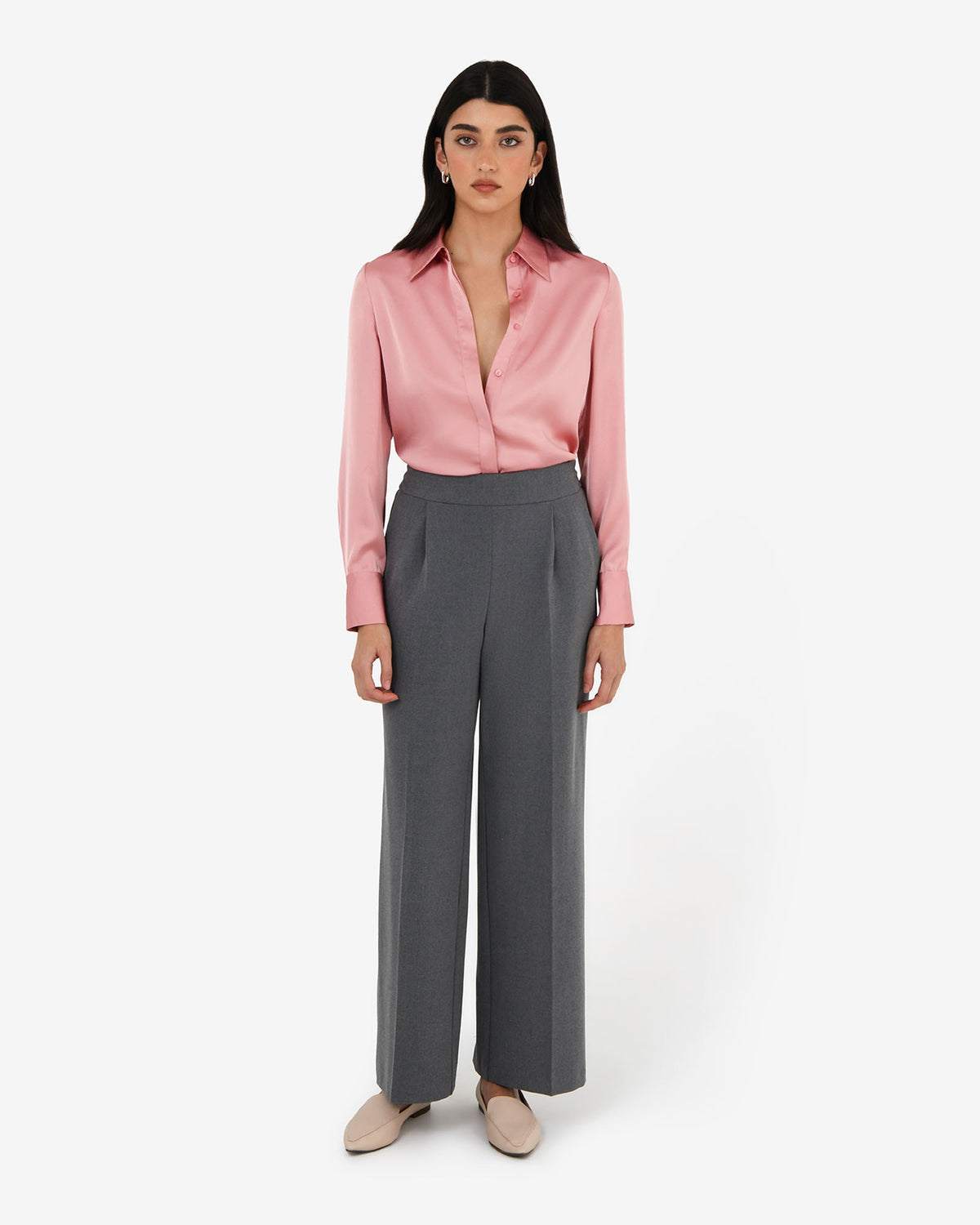 Mae Satin Shirt in rouge pink — full-length view
