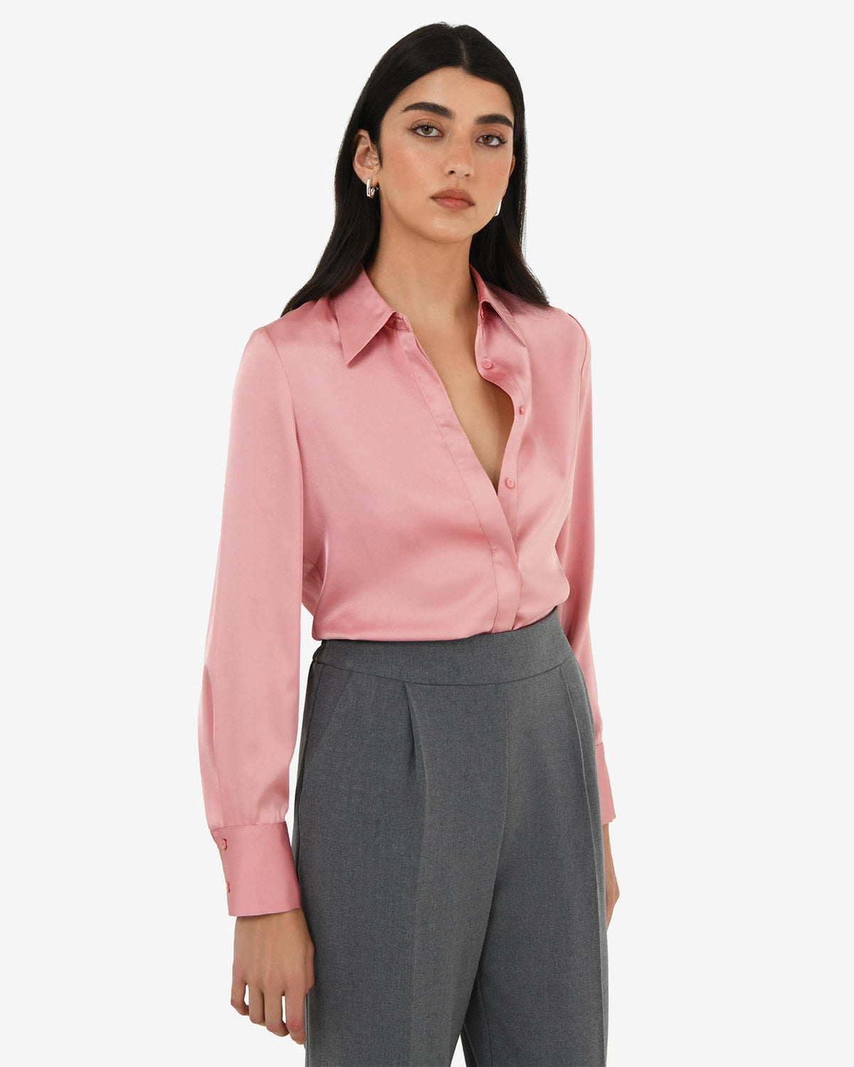 Mae Satin Shirt in rouge pink — side view