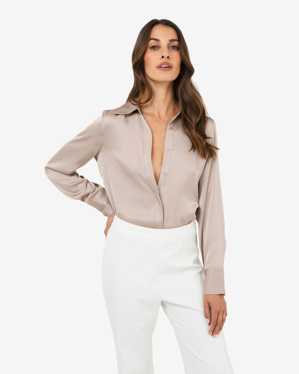 Mae Satin Shirt in sand — close-up view