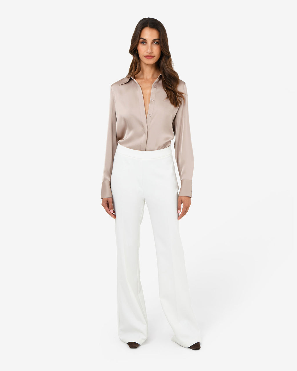 Mae Satin Shirt in sand — full-length view