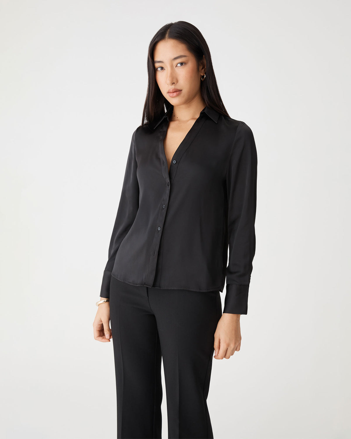 Lila V-Neck Satin Blouse in black — close-up view