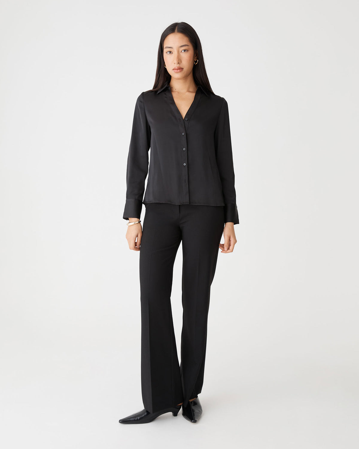Lila V-Neck Satin Blouse in black — full-length view