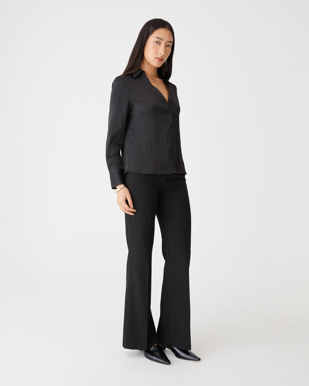 Lila V-Neck Satin Blouse in black — side view