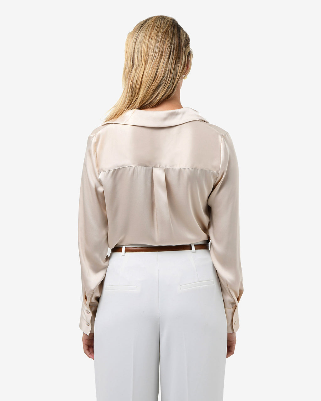 Lila V-Neck Satin Blouse in eggshell — back view