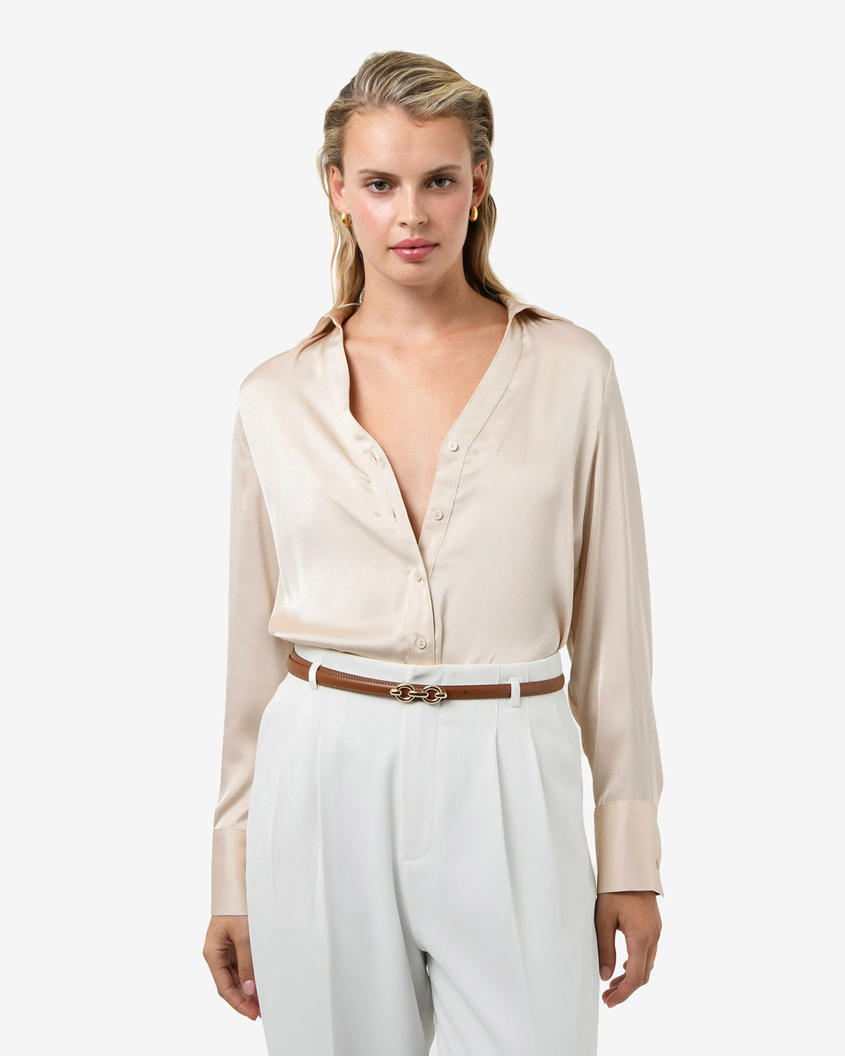 Lila V-Neck Satin Blouse in eggshell — close-up view