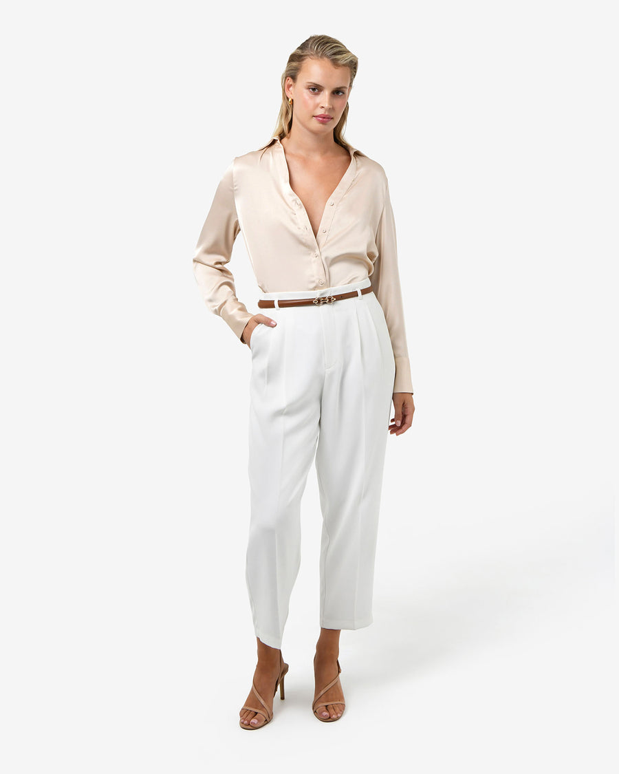 Lila V-Neck Satin Blouse in eggshell — full-length view