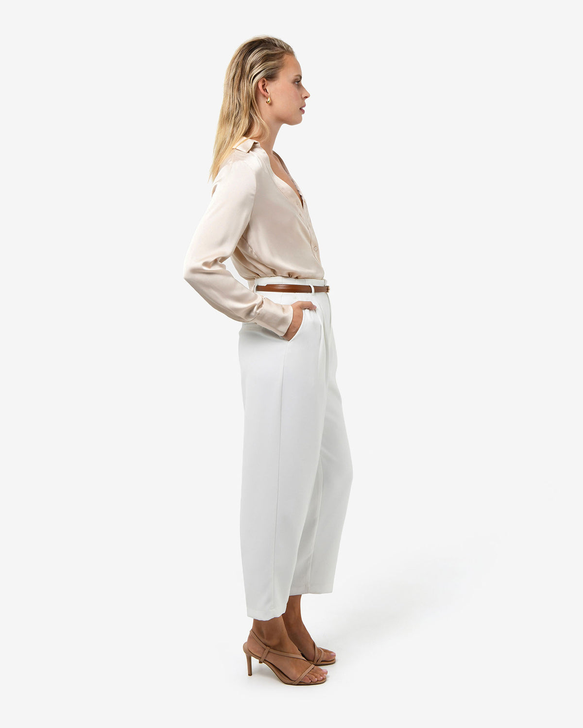 Lila V-Neck Satin Blouse in eggshell — side view