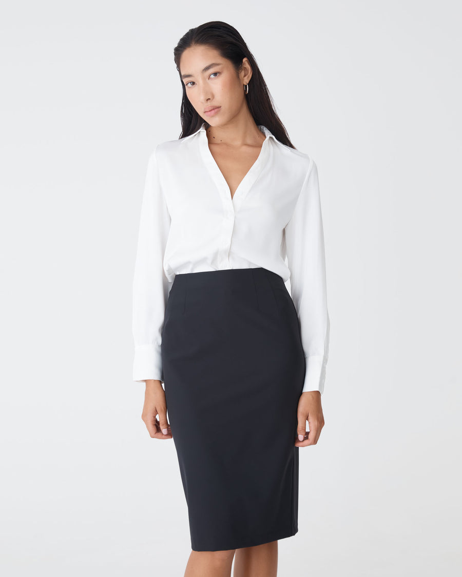 Lila V-Neck Satin Blouse in ivory — close-up view