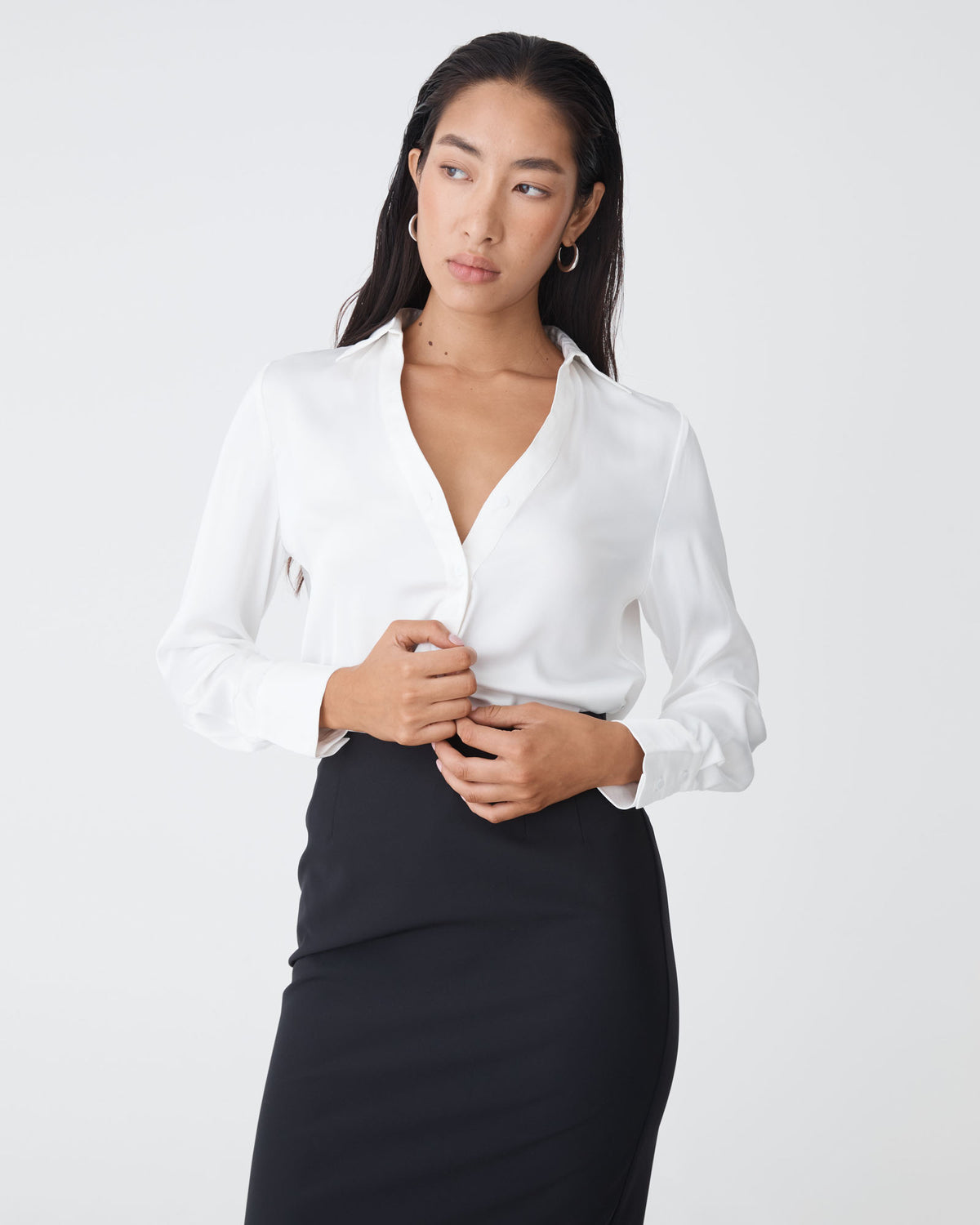 Lila V-Neck Satin Blouse in ivory — close-up view 4