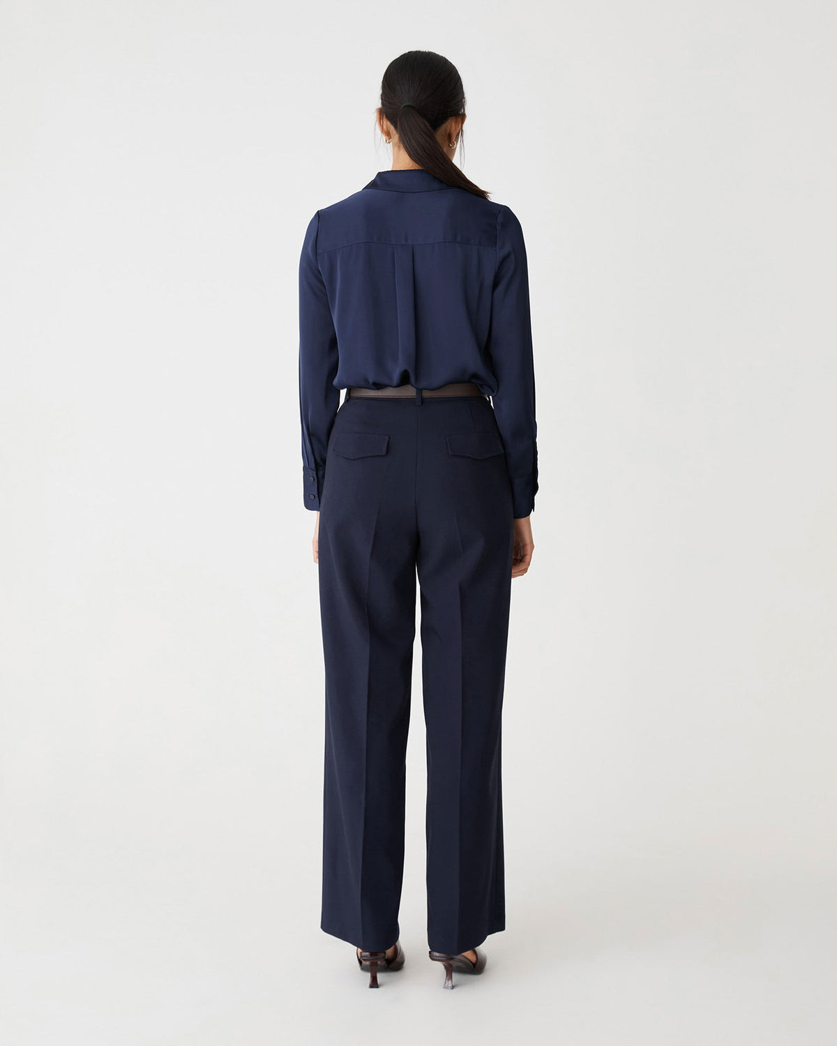 Lila V-Neck Satin Blouse in midnight — back view